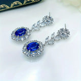 Sapphire Flower Oval Shape Blue & White Shiny Zircon Dangle Crystal Earrings