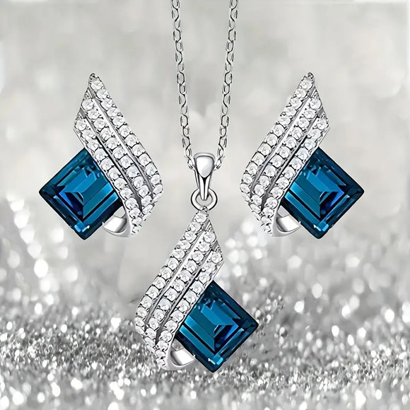 3pcs/set Blue Crystal Pendant Necklace Earrings Set,