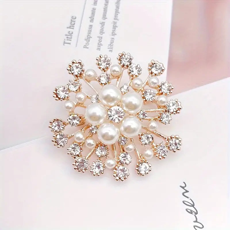 JadeAngel Snowflake Brooch For Women - Brass With Cubic Zirconia & Imitation Pearl, 40mm Elegant Pin