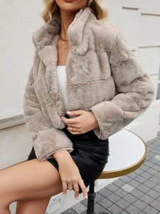 Faux Fur Solid Open Front Coat, Short Meduim