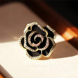 Black and Red Rose Flower Alloy Brooch Pin Inlaid Shiny Rhinestone