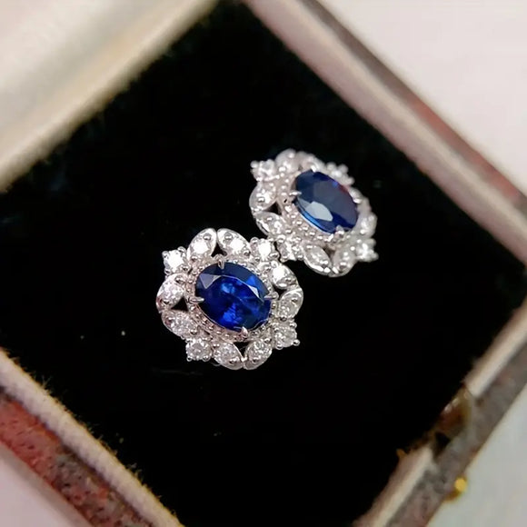 Oval Viintage Blue Sapphire Zircon Stud Earrings