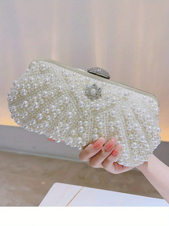 Crystal and Pearl Shell Pattern Event Clutch Bag