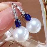 Pearl & Navy Blue Shiny Zircon Dangle Earrings