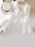 Chic Ruffle Layered Blouse with Fashionable Tie Front - Long Flared Sleeves for Versatile Style