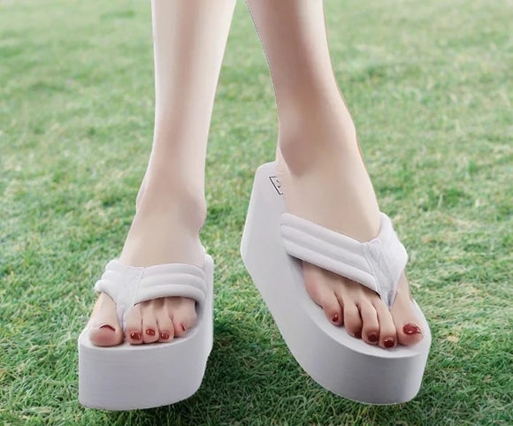 Women's White Wedge Heeled Flip Flops