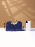 Elegant Rhinestone-Adorned Metal Clutch Evening Bag with Detachable Strap & Closure Navy Blue