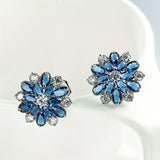 Blue Sapphire Zircon Flower Clip On Earrings