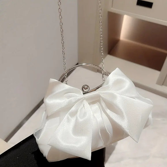 Elegant Bow Evening Chain Clutch White