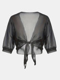 Elegant Tie-Front Blouse: Versatile Semi-Sheer Shawl Black