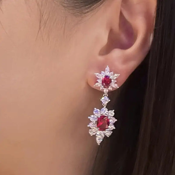 Ruby Red Exquisite Flower Dangle Earrings