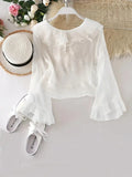 Chic Ruffle Layered Blouse with Fashionable Tie Front - Long Flared Sleeves for Versatile Style