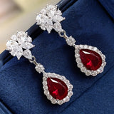 Red Crystal Flower Design Dangle Earrings