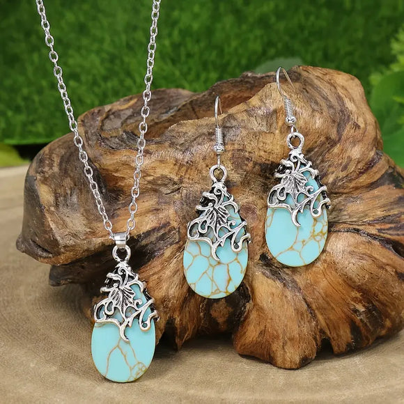 Vintage Jewelry Set Inlaid Gemstone In Waterdrop Shape Necklace Earrings Set, turquoise