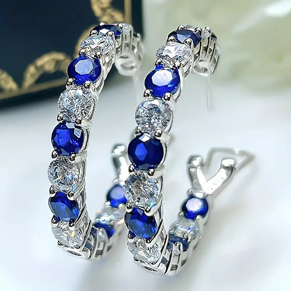 Blue Sapphire Cubic Zirconia Hoop Earrings