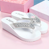 Pink Elegant Women's Rhinestone Wedge Flip Flops