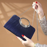 Elegant Rhinestone-Adorned Metal Clutch Evening Bag with Detachable Strap & Closure Navy Blue