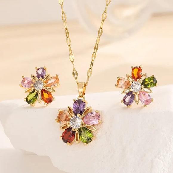 Colorful Flower Shape Jewelry Set With Pendant Necklace & Stud Earrings Plated Copper Jewelry Set
