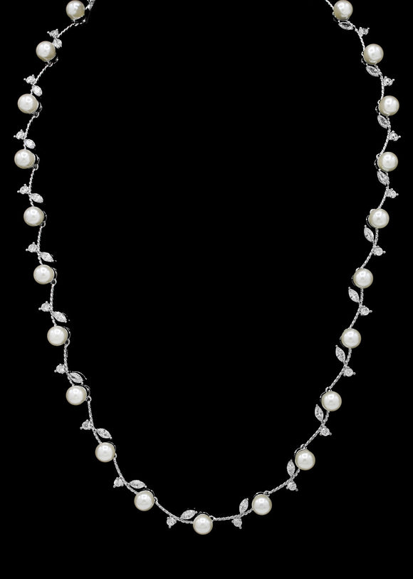 Silver Leafy Rhinestone and Pearl Necklace