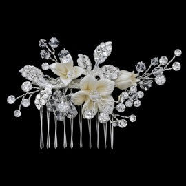 White crystal flower hair comb medium