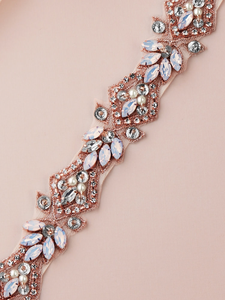 Rose Gold Applique Opal Bridal Belt with Pearl & Crystal Accents On Ivory Ribbon 4615BT-I-RG Rose Gold Applique Opal Bridal Belt with Pearl & Crystal Accents On Ivory Ribbon 4615BT-I-RG