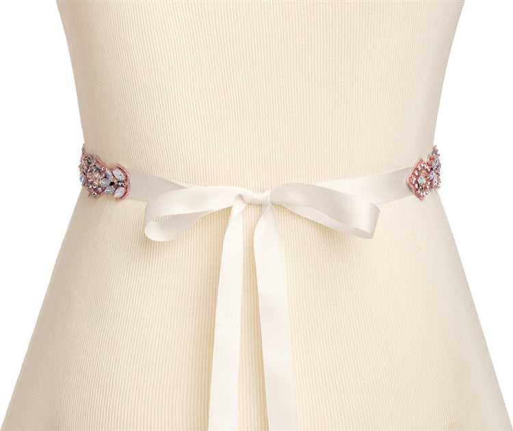 Rose Gold Applique Opal Bridal Belt with Pearl & Crystal Accents on Ivory Ribbon 4615BT-I-RG