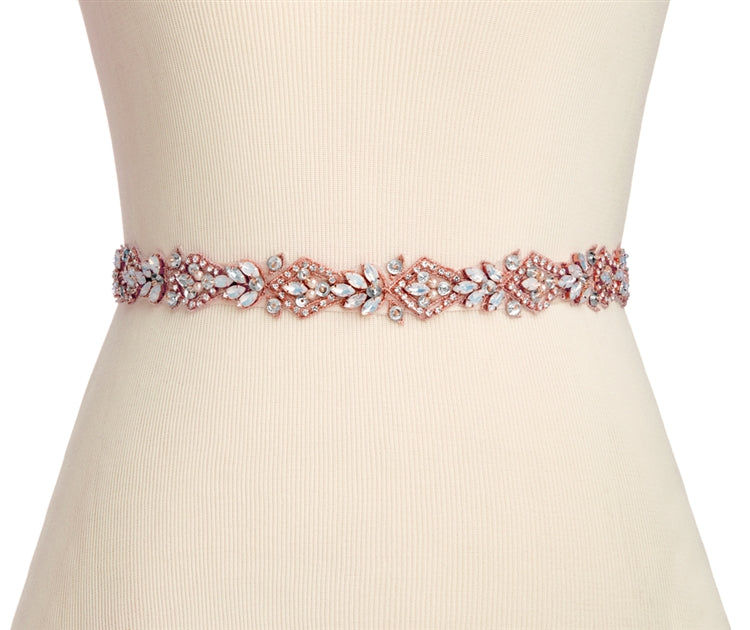 Rose Gold Applique Opal Bridal Belt with Pearl Crystal Accents On Ivory Ribbon 4615BT I RG