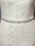 Silver Applique Bridal Belt with White Opals, Ivory Pearls & Austrian Crystal with Ivory Ribbon 4615BT-I-S