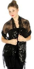 Sequin floral border bead shawl Black
