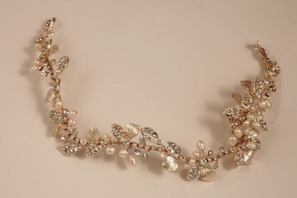 Boho Pearls & Crystal Leaves Hand Wired Gold Floral Vine Bridal Belt on  Ivory Ribbon