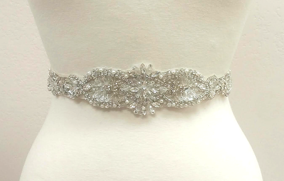 Boho Pearls & Crystal Leaves Hand Wired Floral Vine Bridal Belt on