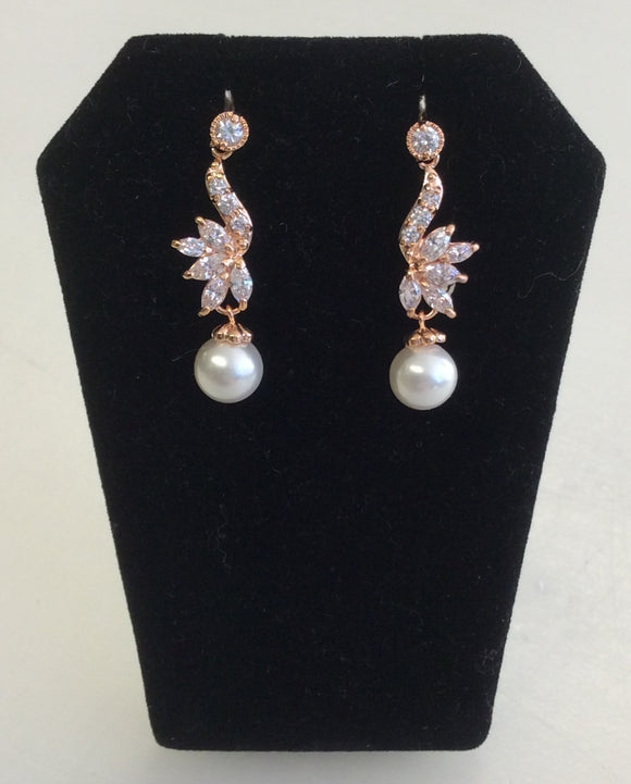 Rose Gold CZ and pearl dainty dangle earrings