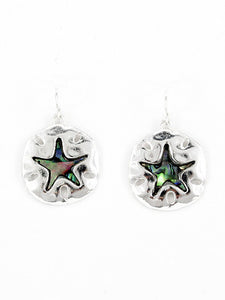 Silver Tone Metal Star Dangle Earrings with Shell Accents