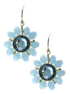 Blue Crystal, Floral Design Gold Tone Metal Dangle Earrings