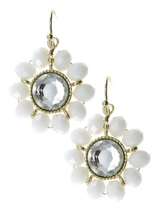 White Crystal, Floral Design Gold Tone Metal Dangle Earrings