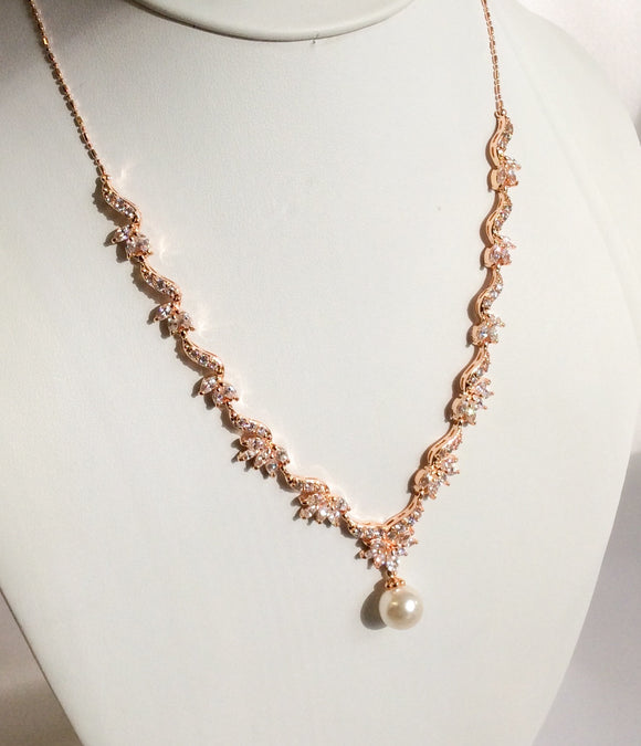 Rose Gold dainty CZ and pearl drop necklace