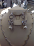 CZ Flower and Pearl Drop Necklace Set DR-250