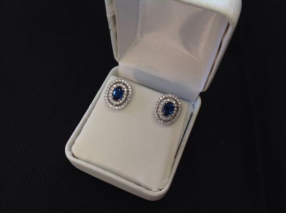 Sterling Silver Sapphire CZ Halo Earrings