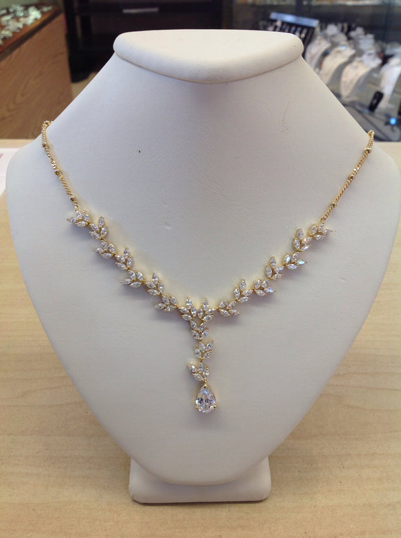 CZ and Gold Leafy Teardrop Necklace