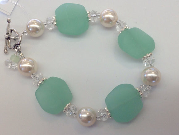 Sea glass Pearl and sterling bracelet