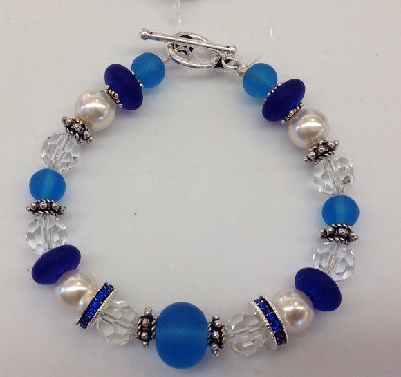 Sea glass Pearl Swarovski Crystal and sterling bracelet
