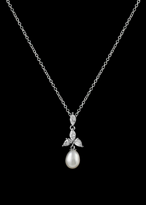 CZ and Freshwater Pearl Pendant Necklace P-346