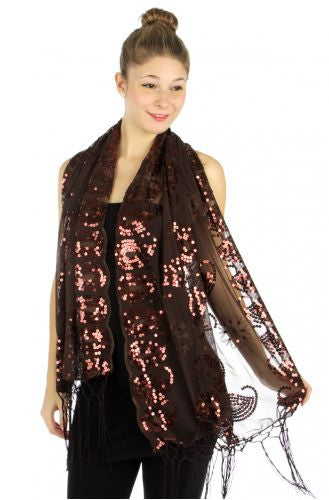 Paisley sequins scalloped border shawl Brown MSF2300-4